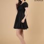 Short Sleeved Black Stretchy Floral Lace and Chiffon Cocktail Mini Dress with Puffed Sleeves