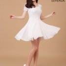 Short Sleeved White Stretchy Floral Lace and Chiffon Cocktail Mini Dress with Puffed Sleeves