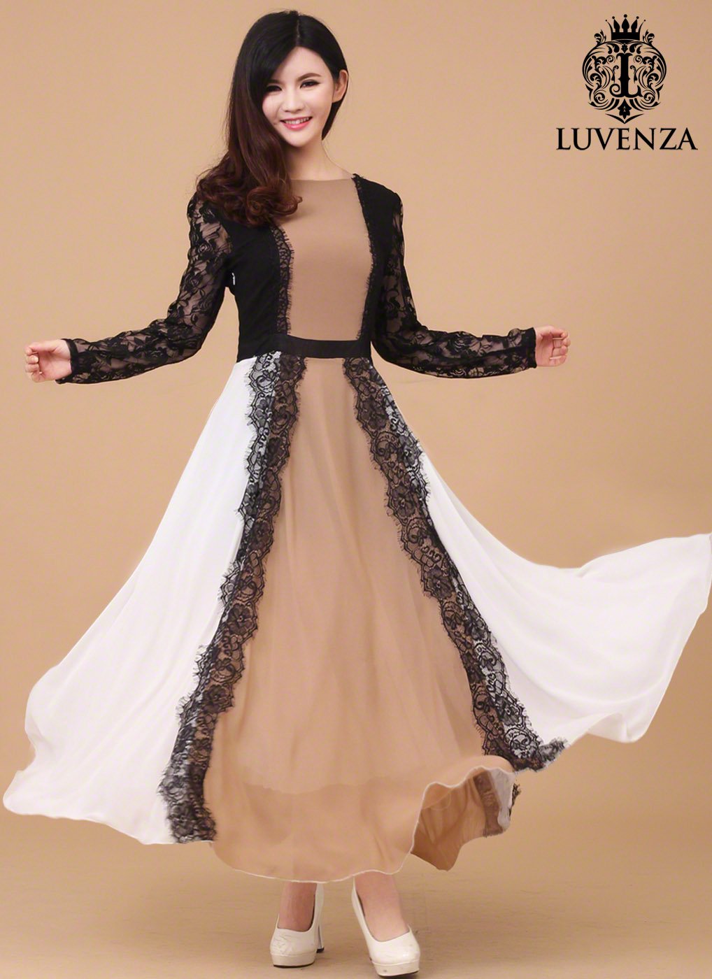Unique Colorful Long Chiffon Prom Dress with Black Lace Accents