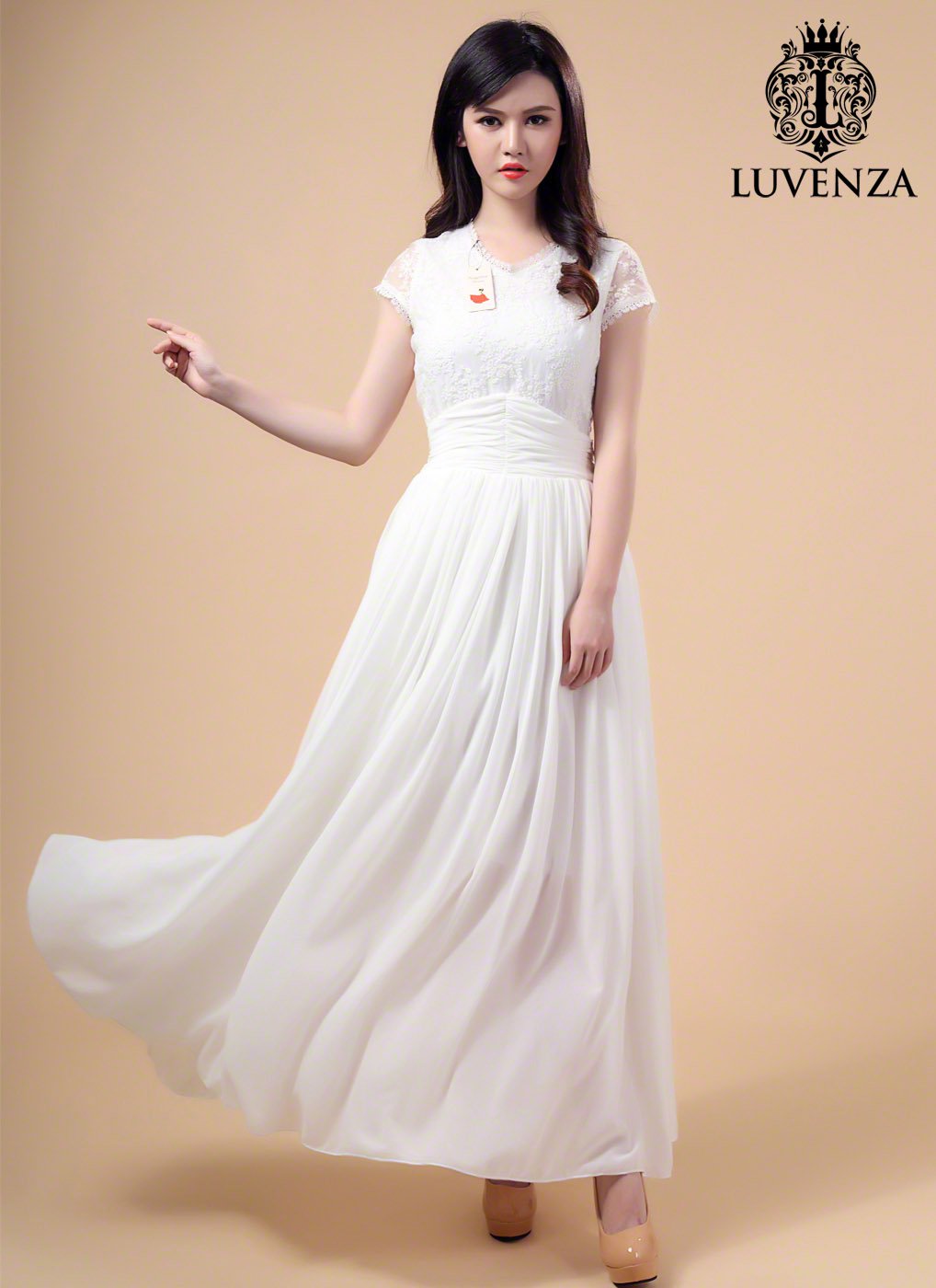 White V Neck Embroidered Lace Wedding Dress with Long Flowing Chiffon Skirt