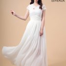 White V Neck Embroidered Lace Wedding Dress with Long Flowing Chiffon Skirt