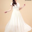 Ivory V Neck Embroidered Lace Wedding Dress with Long Flowing Chiffon Skirt