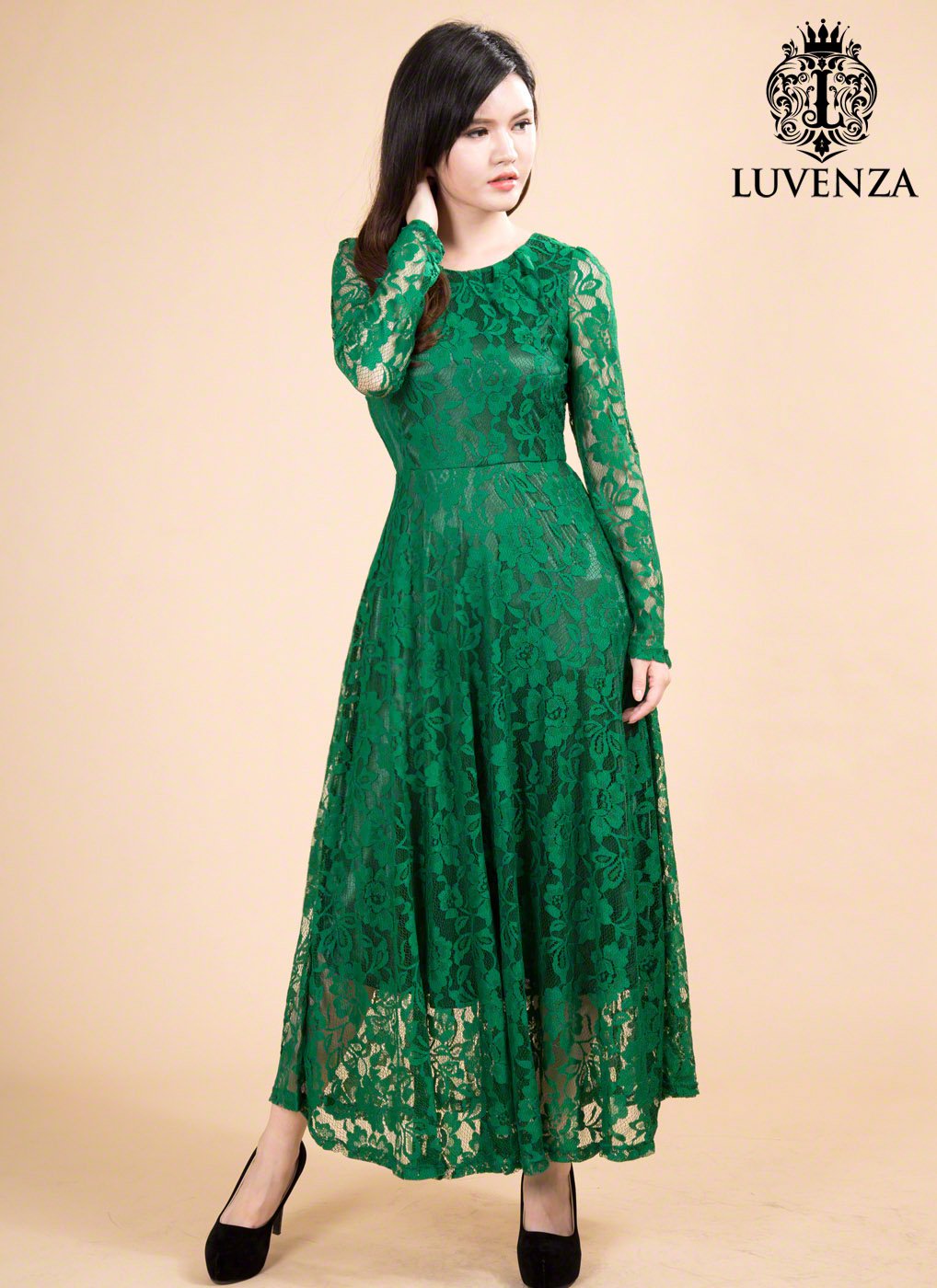 Emerald Green Classic Boat Neck Maxi Length Floral Lace Prom Dress