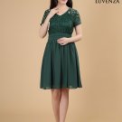 Dark Green Fit and Flare Floral Lace and Chiffon Bridesmaid Mini Dress with Wide Skirt Hem