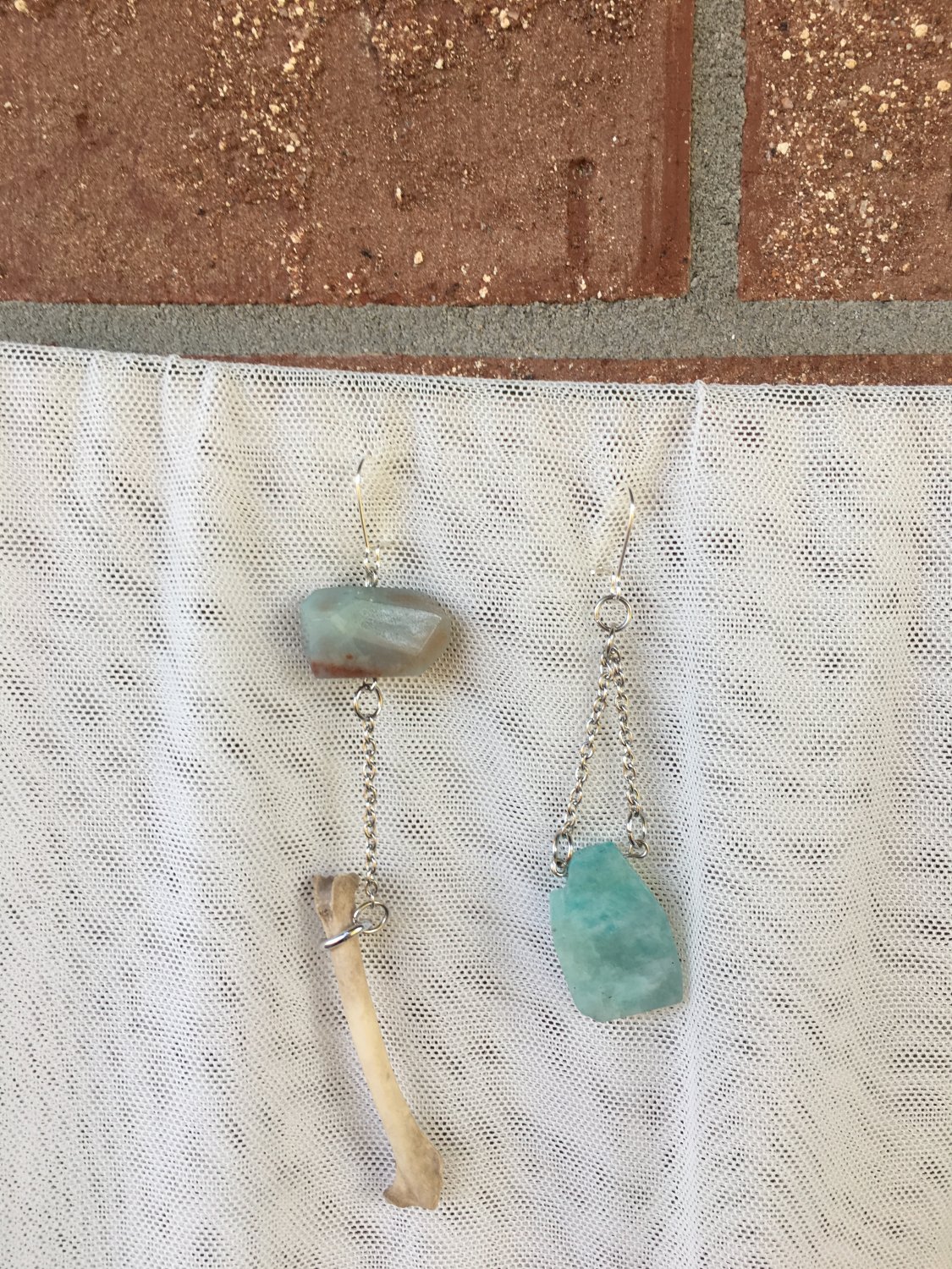 handmade light blue stone crystal silver earrings with real bone