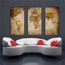 3 Panel Vintage World Map Canvas Painting Print Home Decor Wall Art
