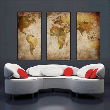 3 Panel Vintage World Map Canvas Painting Print Home Decor Wall Art