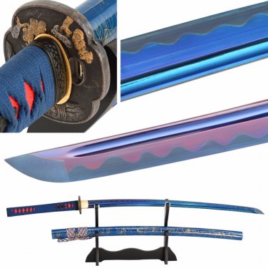 Handmade Japanese Katana Sword Changing Color Blade 1060 Carbon Steel Wave Hamon Battle Ready Sharp