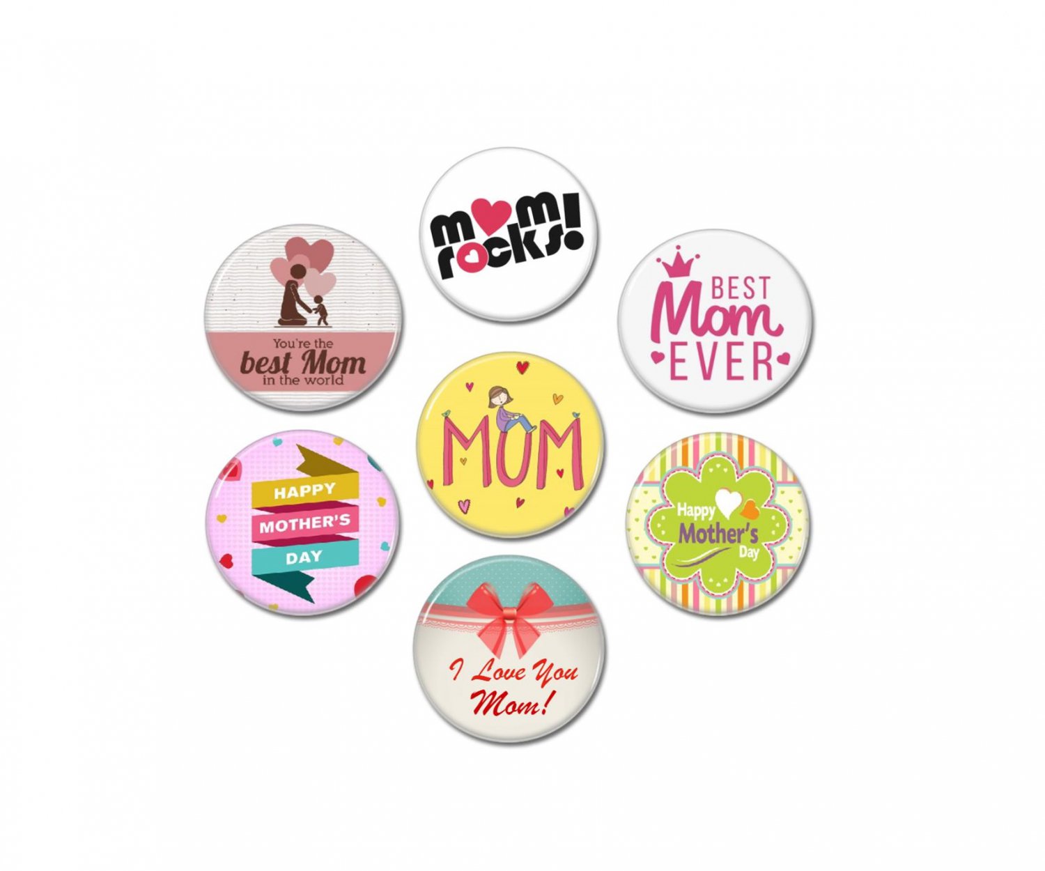 7 x Happy Mothers Day buttons (badges, pins, 25mm, world's best mom, best mom ever)