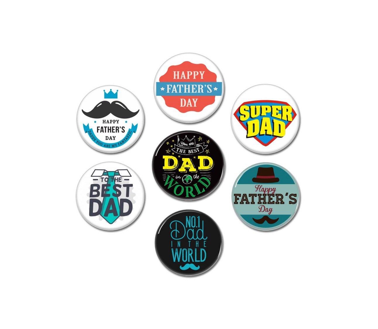 7 x Fathers Day buttons (badges, pins, 25mm, world's best dad, best dad ever, super dad)