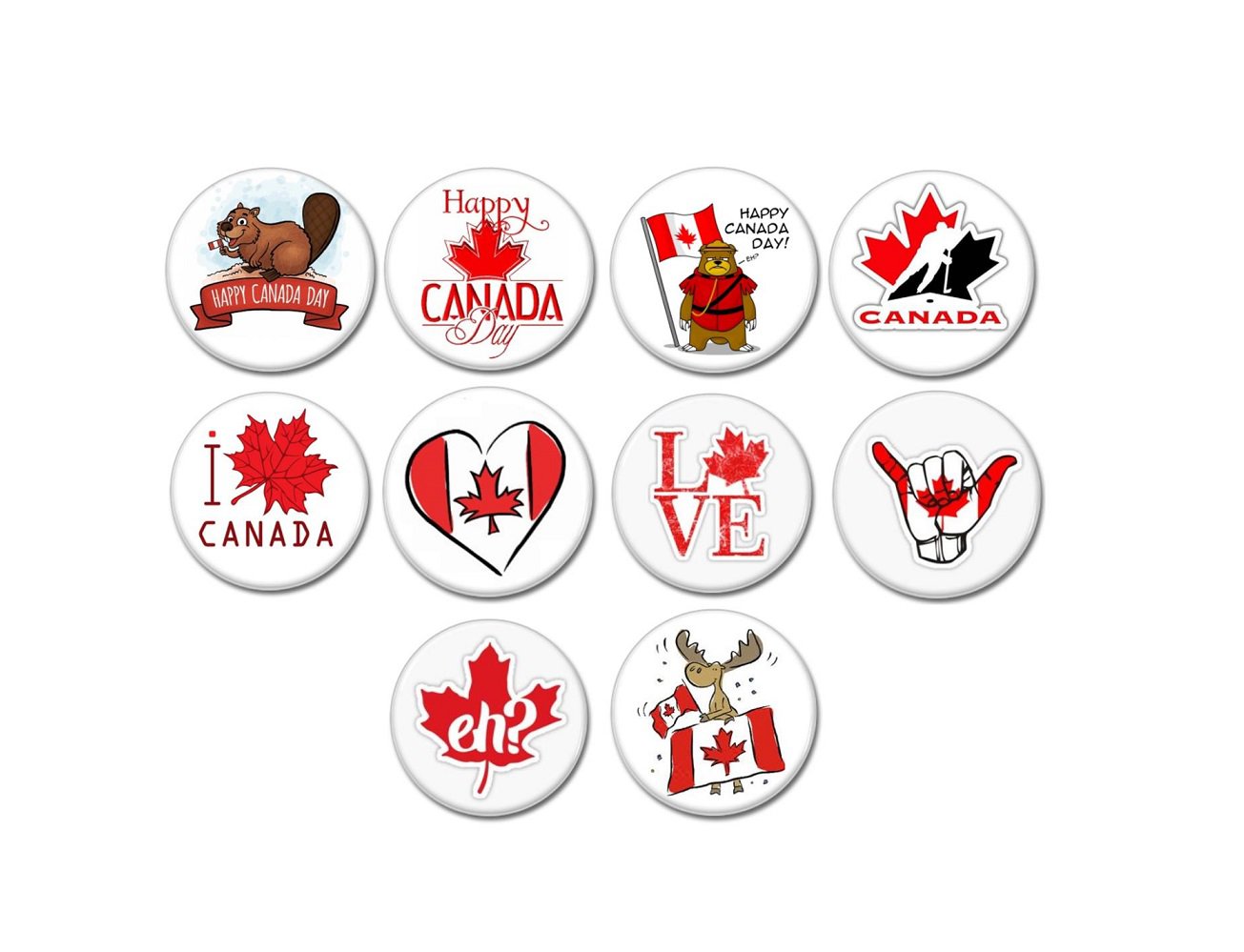 10 x Canada Day & I Love Canada buttons (25mm, pinbacks, badges, pins, holiday)