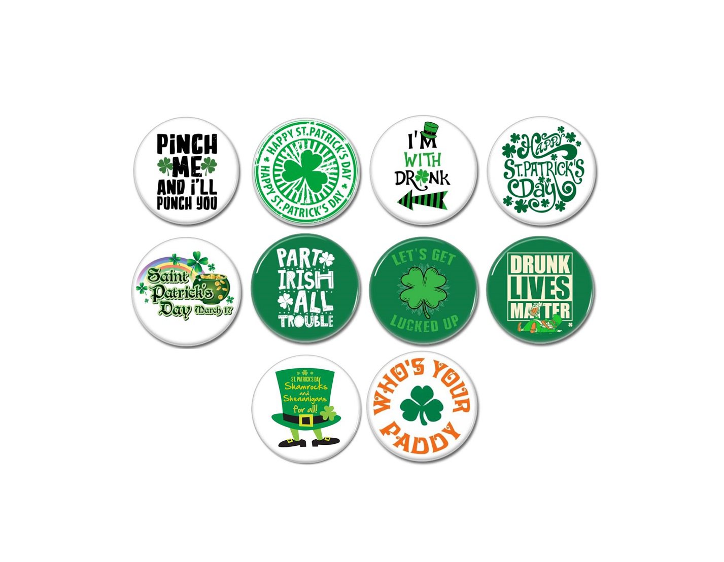 10 x St. Patrick's Day holiday buttons (25mm, pinbacks, badges, pins, holiday, puddy, Irish, drunk)