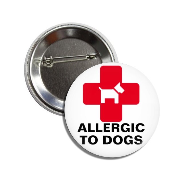 Allergic To Dogs button (25mm, badges, pins, medical alert, pet allergies)