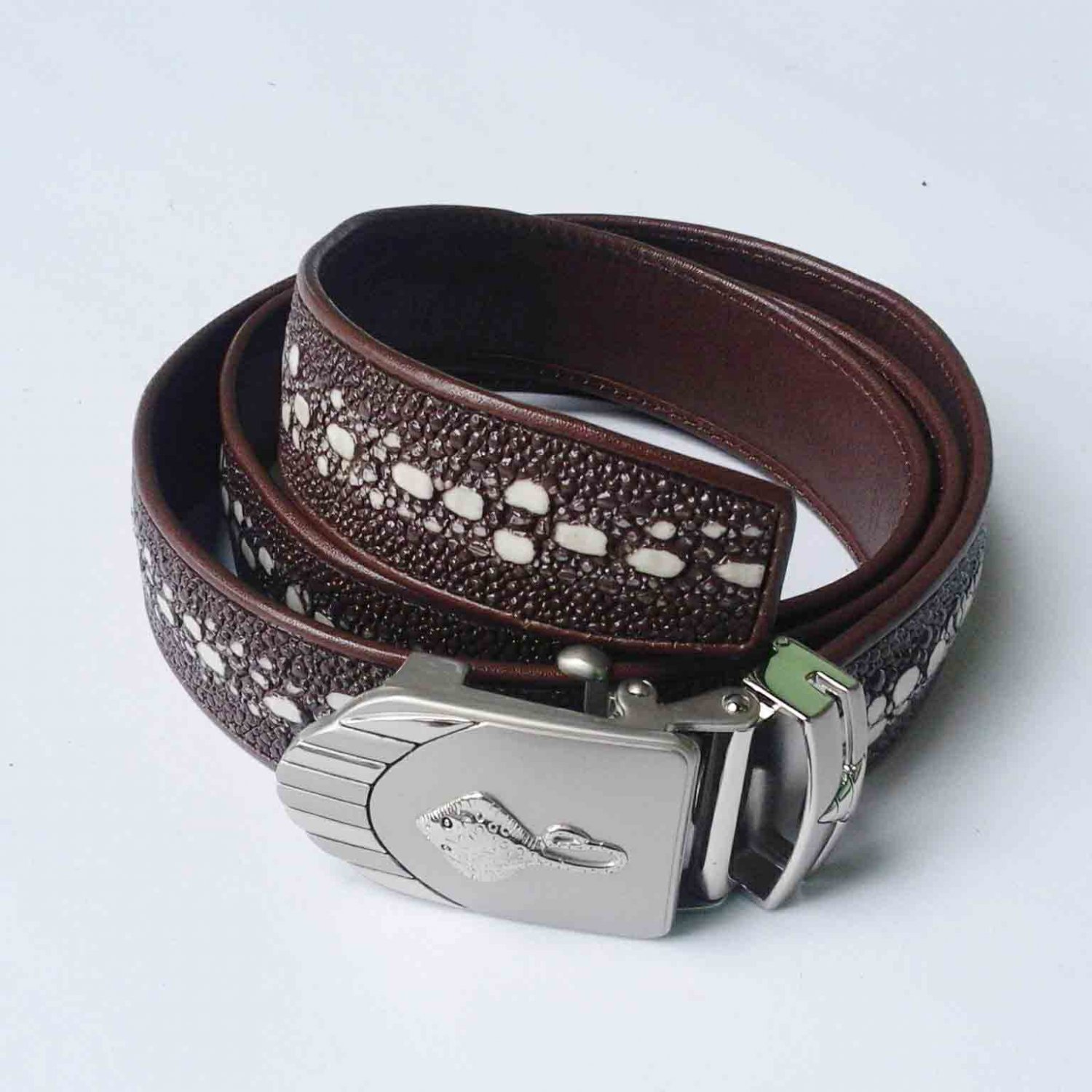 Stingray Leather Belt For Men Genuine Leather Belt Automatic Belt Buckle Brown Full Row Fishbone