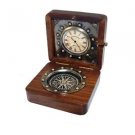 STUNNING BOND LONDON 4" ANTIQUATED BRASS AND ROSEWOOD CLOCK WITH INSET COMPASS