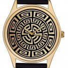 Vintage Antique Aztec Pattern Lovely Gold-Washed Brass Boyfriend / Unisex Watch