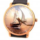 STUNNING SAILBOAT SCHOONER SUNSET ART LARGE 40 mm SOLID BRASS COLLECTIBLE WATCH