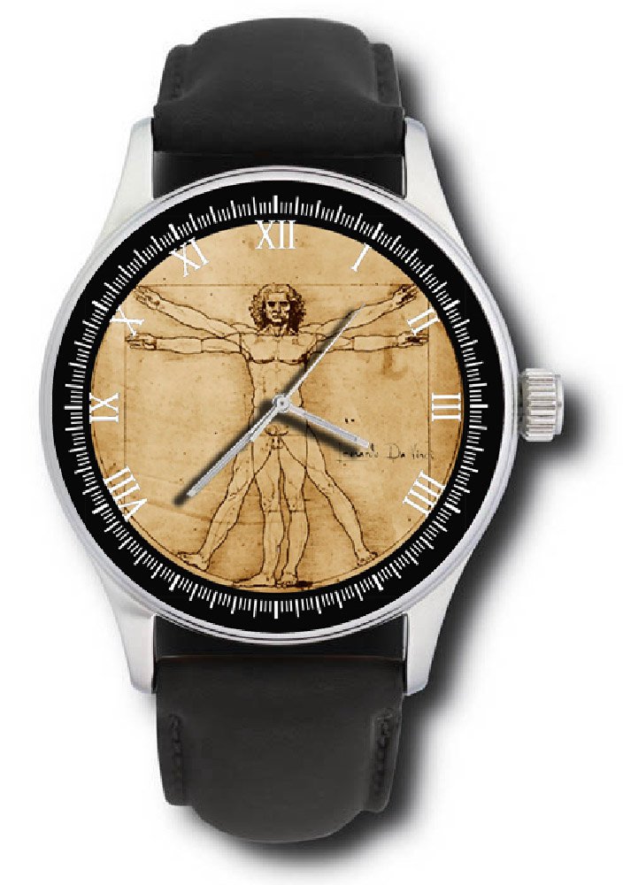 DA VINCI VITRUVIAN MAN VINTAGE PARCHMENT ART COLLECTIBLE SOLID BRASS WRIST WATCH