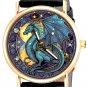 BEAUTIFUL CHINESE BLUE DRAGON GLASS ART SOLID BRASS UNISEX FANTASY ART WATCH