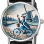 DELFT ART SOLID BRASS WATCH, NETHERLANDS WINDMILLS CANALS TULIPS GIRL ON BICYCLE