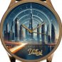 DUBAI GOLD WATCH, SOLID BRASS FUTURISTIC DUBAI CITYSCAPE BURJ KAHILFA ART WATCH