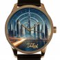 DUBAI GOLD WATCH, SOLID BRASS FUTURISTIC DUBAI CITYSCAPE BURJ KAHILFA ART WATCH