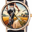 DUTCH COUNTRYSIDE WINDMILLS, CANALS & SUMMER GIRL ON BICYCLE, 30 mm BRASS WATCH