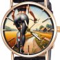 DUTCH COUNTRYSIDE WINDMILLS, CANALS & SUMMER GIRL ON BICYCLE, 30 mm BRASS WATCH