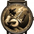 VINTAGE 19th CENTURY BLACK AMERICANA SLAVE ART BLUES PLAYER w BANJO BRASS WATCH