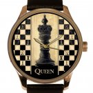 RARE VINTAGE TEXTURED PARCHMENT ART CHESS QUEEN CHEQUERED DIAL SOLID BRASS WATCH