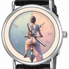GIRL ON BICYCLE, SUMMER ART. PINK & BLUE PASTEL ART SOLID BRASS SILVER WATCH GIRL ON BICYCLE, SUMMER ART. PINK & BLUE PASTEL ART SOLID BRASS SILVER WATCH