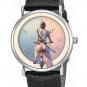 GIRL ON BICYCLE, SUMMER ART. PINK & BLUE PASTEL ART SOLID BRASS SILVER WATCH