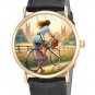 ENGLISH COUNTRYSIDE SUMMER SCENE DELIGHTFUL CYCLIST ART SOLID BRASS 30 mm WATCH
