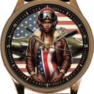 WATCH w SEXY BLACK MODEL IN USAF PILOT'S GEAR POSING WITH A VINTAGE WW2 AIRPLANE