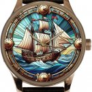 SCHOONER STAINED GLASS ART METALLIC DIAL SOLID BRASS MARINER'S OCEAN THEME WATCH SCHOONER STAINED GLASS ART METALLIC DIAL SOLID BRASS MARINER'S OCEAN THEME WATCH