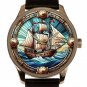 SCHOONER STAINED GLASS ART METALLIC DIAL SOLID BRASS MARINER'S OCEAN THEME WATCH