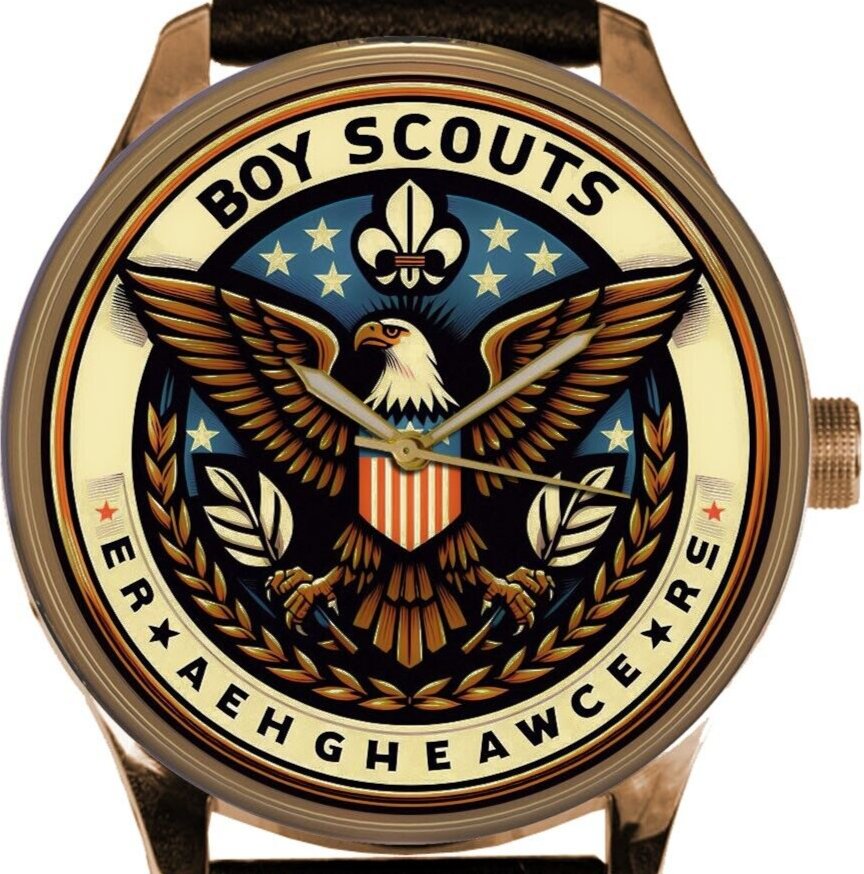 EAGLE SCOUT BOY SCOUTS MEDALLION ART SOLID BRASS WATCH w CUSTOMIZABLE NAME DIAL