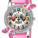 BEAUTIFUL PUPPY DOG ART TIME READER TRADITIONAL ANALOG WATCH FOR CHILDREN, PINK