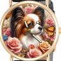 PAPILLON DOG ART SOLID BRASS 30mm LADIES / GIRLS WATCH CUTE BUTTERFLIES & ROSES
