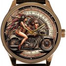 BABE ON VINTAGE MOTORCYCLE, BIKER BABE METALLIC ART SOLID BRASS MEN'S 40mm WATCH BABE ON VINTAGE MOTORCYCLE, BIKER BABE METALLIC ART SOLID BRASS MEN'S 40mm WATCH