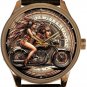 BABE ON VINTAGE MOTORCYCLE, BIKER BABE METALLIC ART SOLID BRASS MEN'S 40mm WATCH