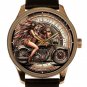 BABE ON VINTAGE MOTORCYCLE, BIKER BABE METALLIC ART SOLID BRASS MEN'S 40mm WATCH