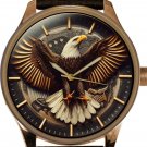 GOLDEN EAGLE USA FLAG AMERICAN PATRIOTISM ART METAL DIAL SOLID BRASS MEN'S WATCH