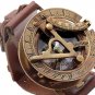 STEAMPUNK SOLID BRASS SUNDAL COMPASS WRIST WATCH w REAL ROUGH LEATHER BRACELET