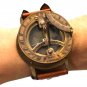 STEAMPUNK SOLID BRASS SUNDAL COMPASS WRIST WATCH w REAL ROUGH LEATHER BRACELET