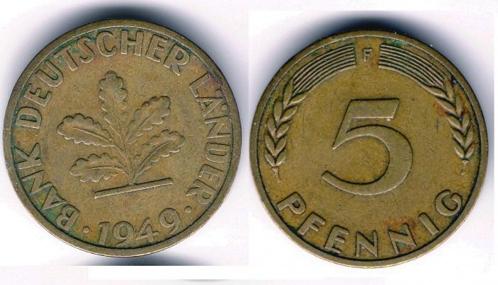1949-F 5 Pfennig XF