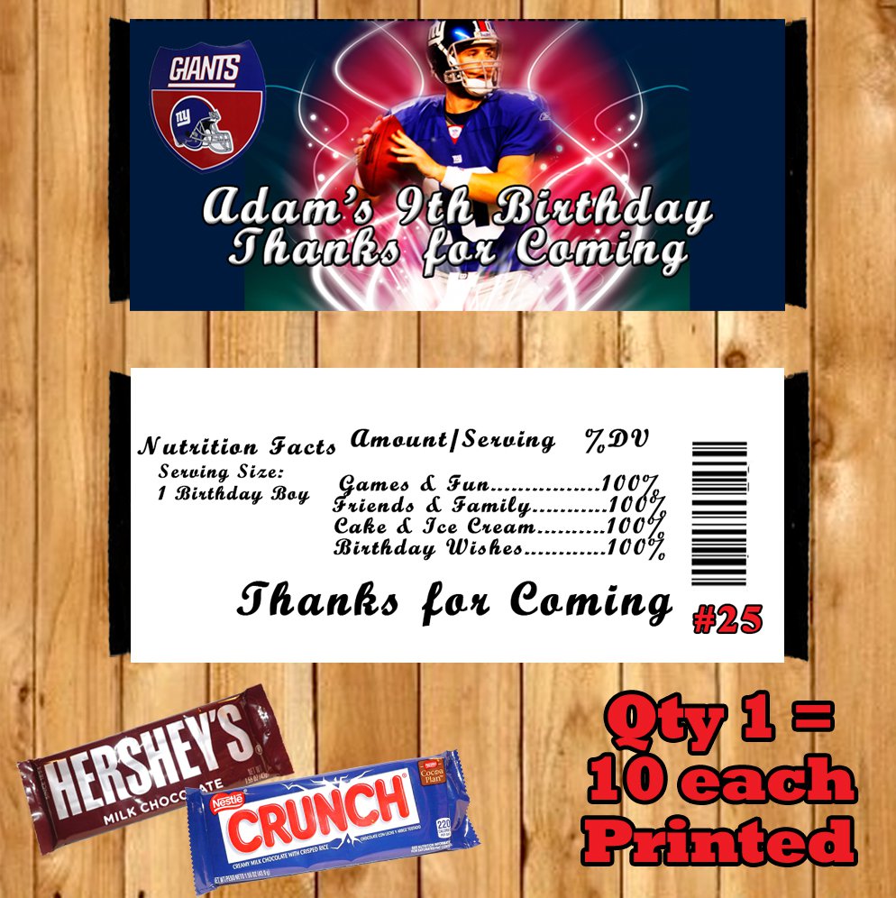 Football NFL Birthday Candy Bar Wrappers 10 ea Personalized