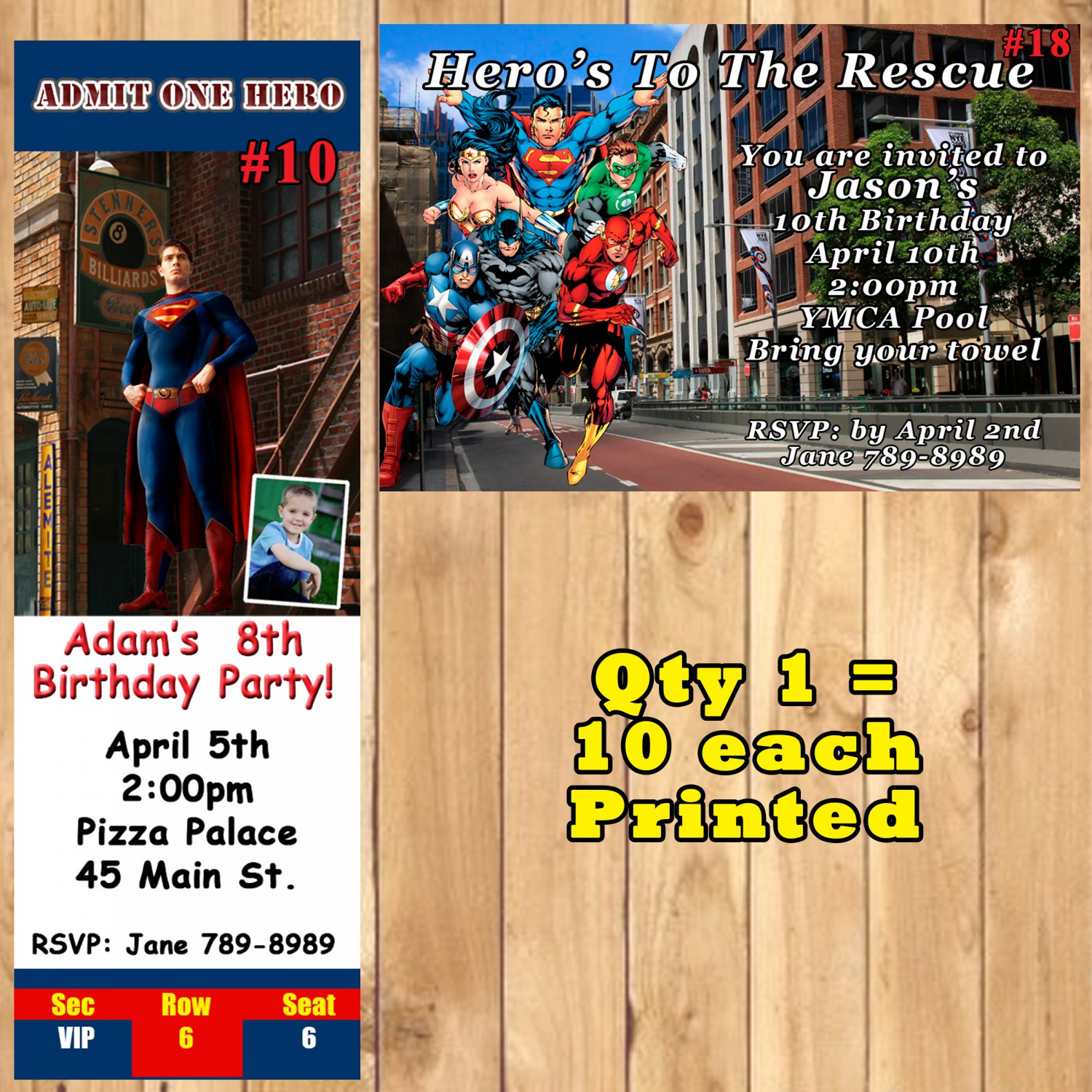 Super Hero Birthday Invite 10 ea Captain America Superman Batman Personalized Custom Made