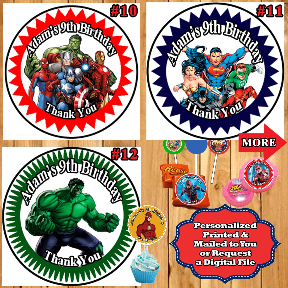 Super Hero Captain America Superman Batman Hulk Birthday Stickers Round 1 Sheet Personalized