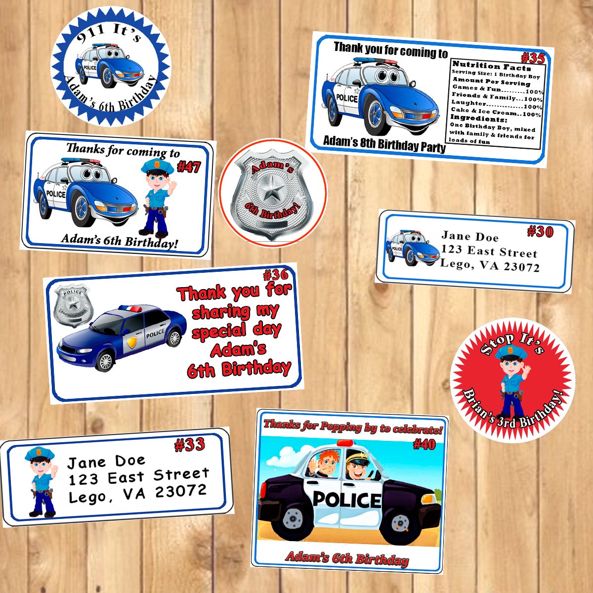 Police Policeman Birthday 1 Sheet Favor Water Bottle Stickers Labels Personalized
